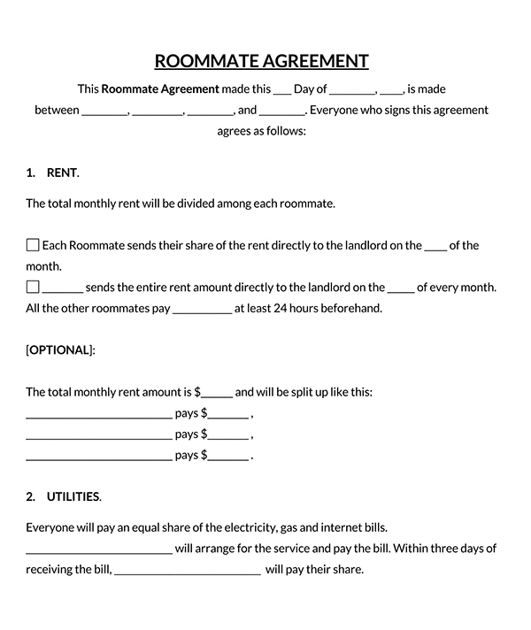 Great Downloadable Roommate Agreement Template 04 as Word File