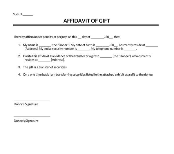 Editable Affidavit of Gift Securities Template - PDF Download