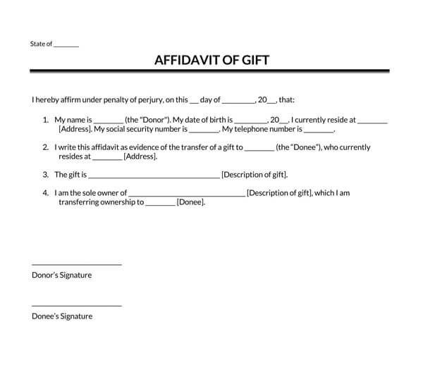 Fillable Affidavit of Gift Form- Downloadable PDF