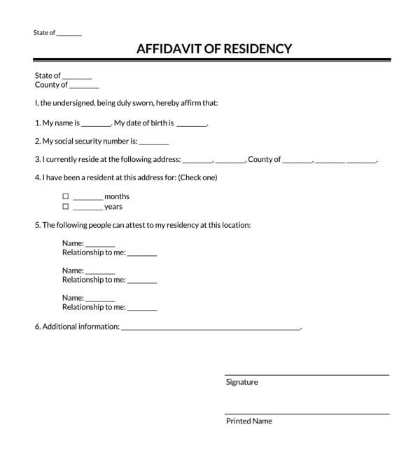 Affidavit of Residency form