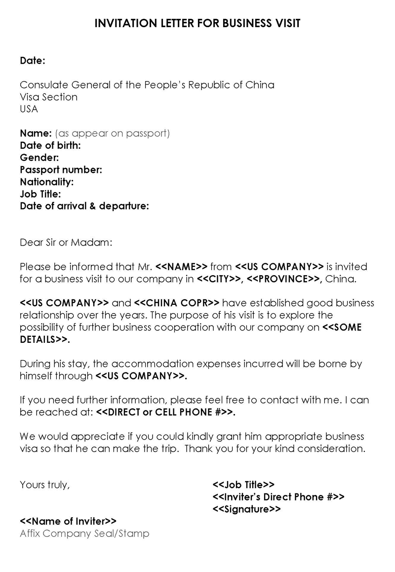 Free business invitation letter example for visa