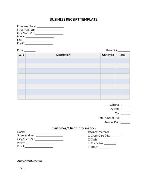 Free Downloadable Business Receipt Template 01 for Word Document