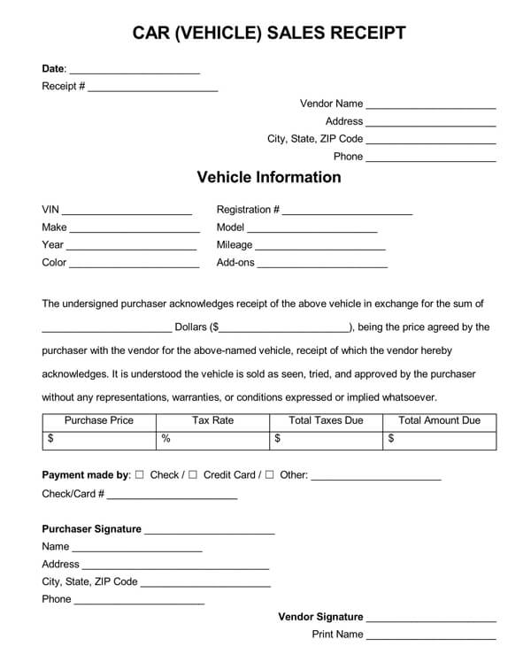 Editable Car Sale Receipt Template 03 for PDF