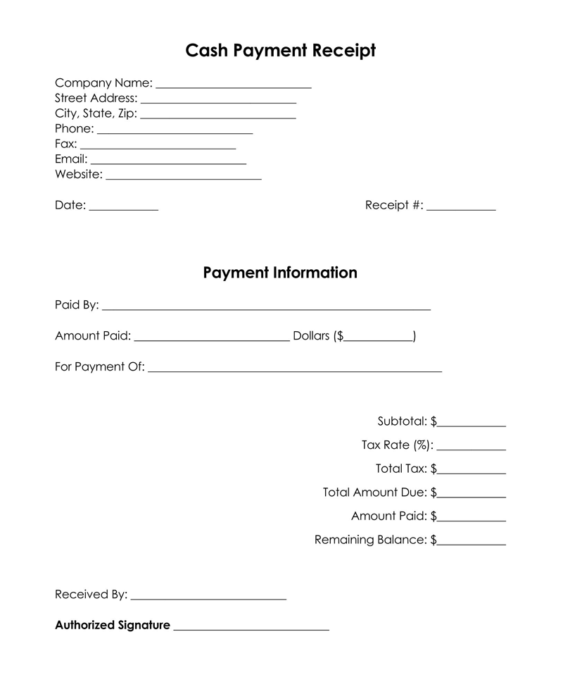 Free Editable Cash Payment Information Receipt Template as Word Format