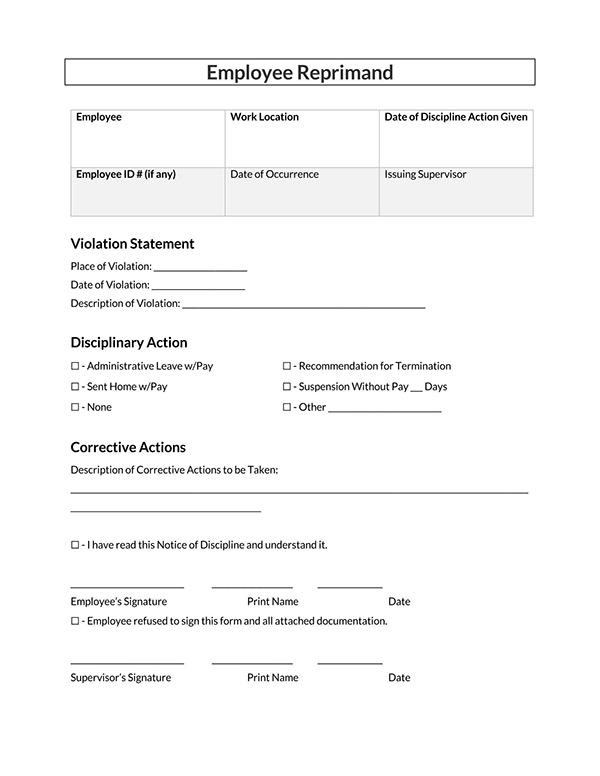 Great Comprehensive Employee Reprimand Form for Word Document