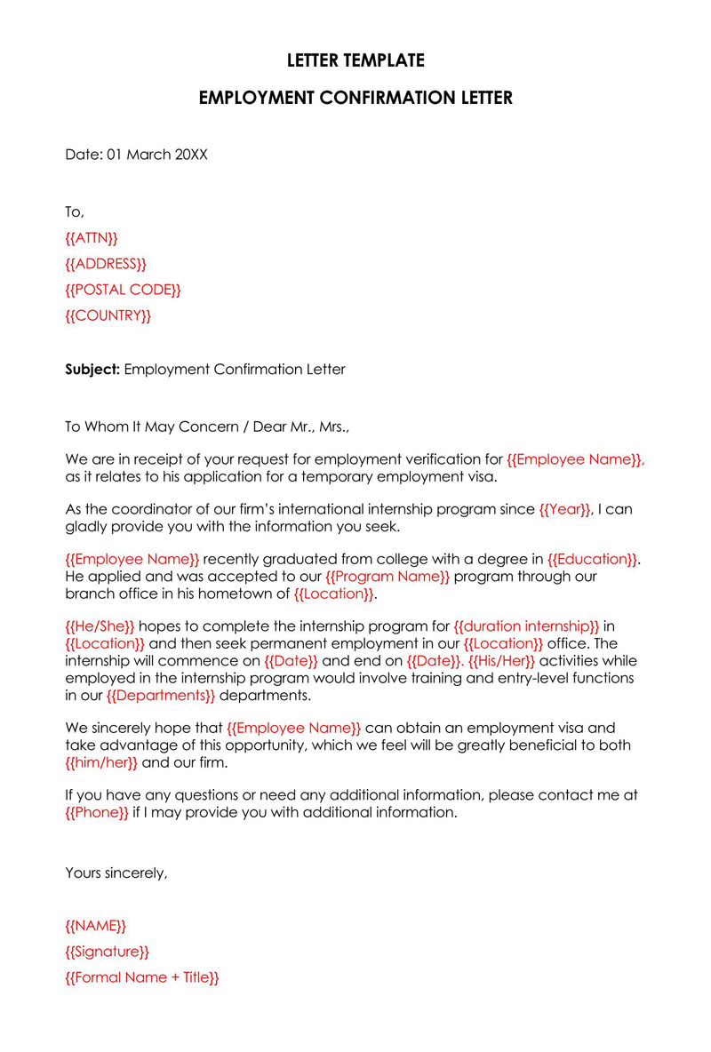 Editable Employment Confirmation Letter Example