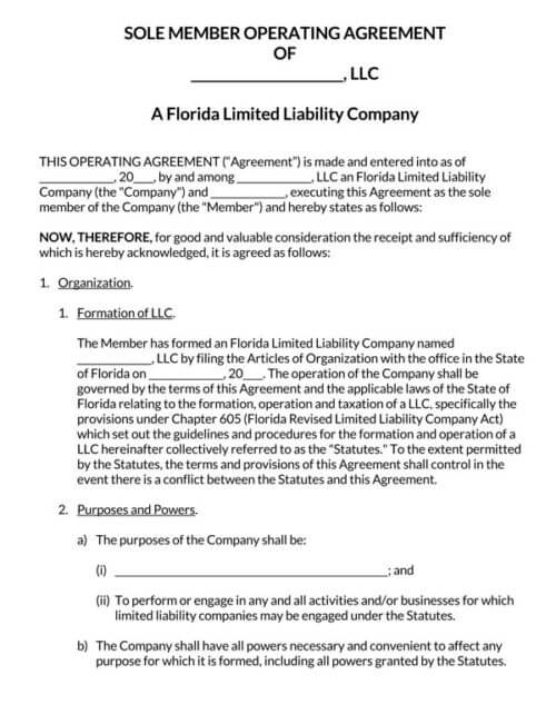 Florida Llc Operating Agreement Templates Pdf Word