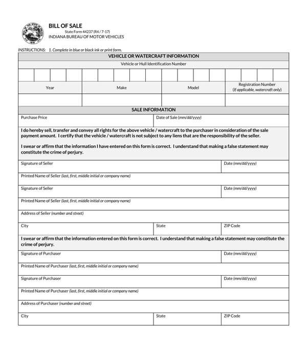 Indiana Motor Vehicle Bill of Sale Form Sample