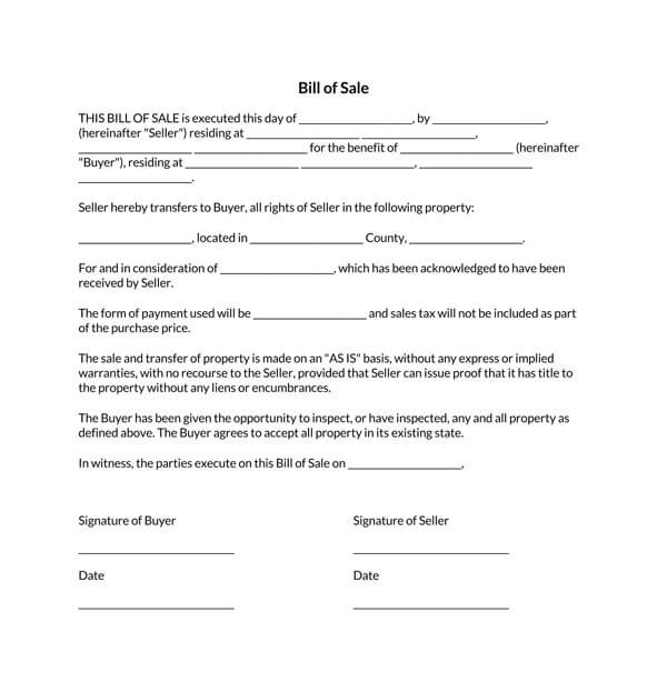 Indiana Motor Vehicle Bill of Sale Form Template
