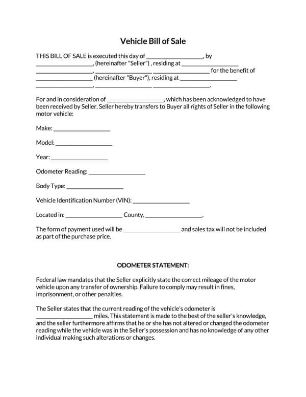 Indiana Motor Vehicle Bill of Sale Form Sample