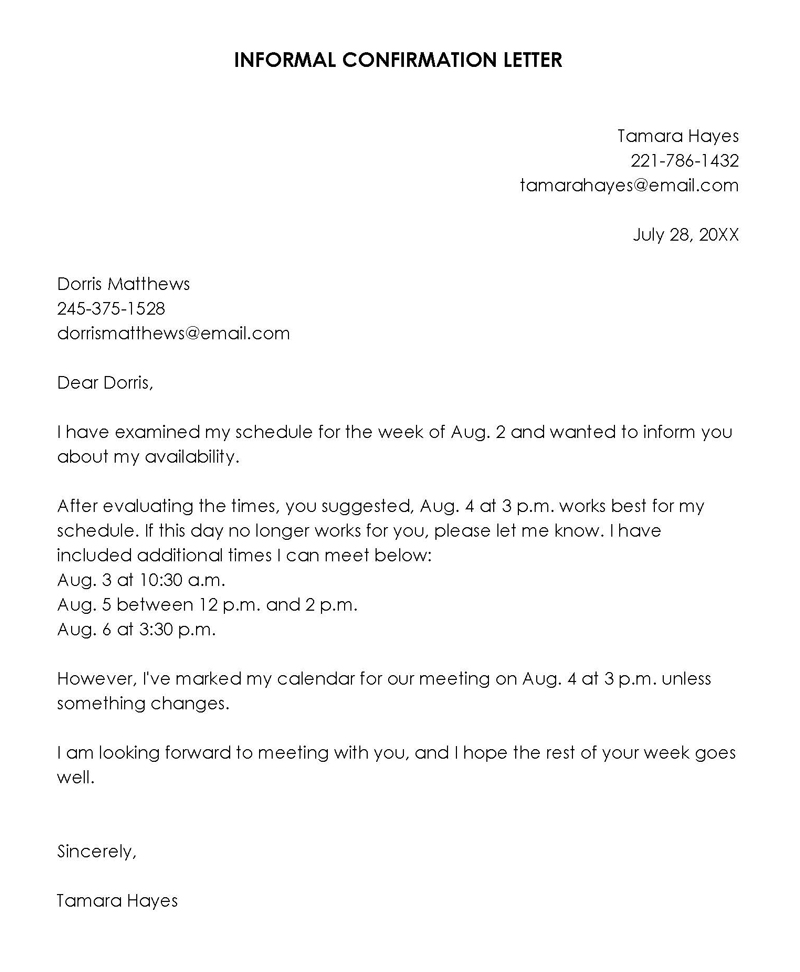 Printable Informal Confirmation Letter Template 01 in Word Format