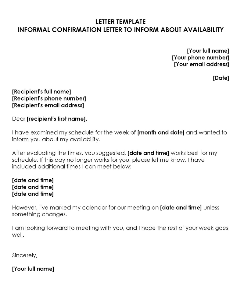 informal Confirmation Letter Sample