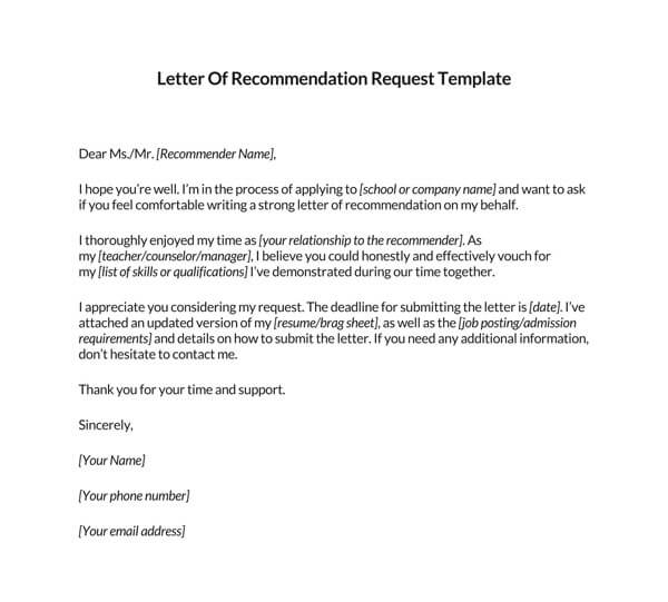 Free Printable Letter of Recommendation Request Template 02 for Word File