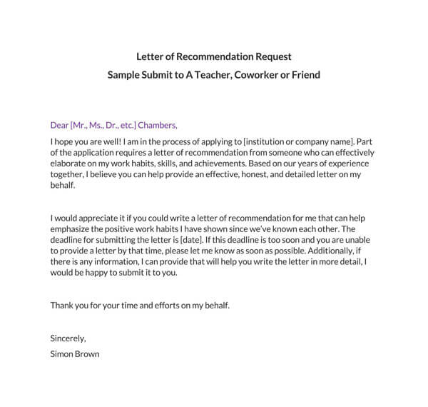 Great Editable Recommendation Letter Request to a Teacher Sample for Word Format