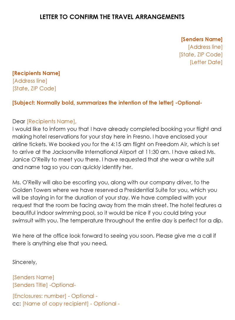 sample letter to confirm travel arrangments
