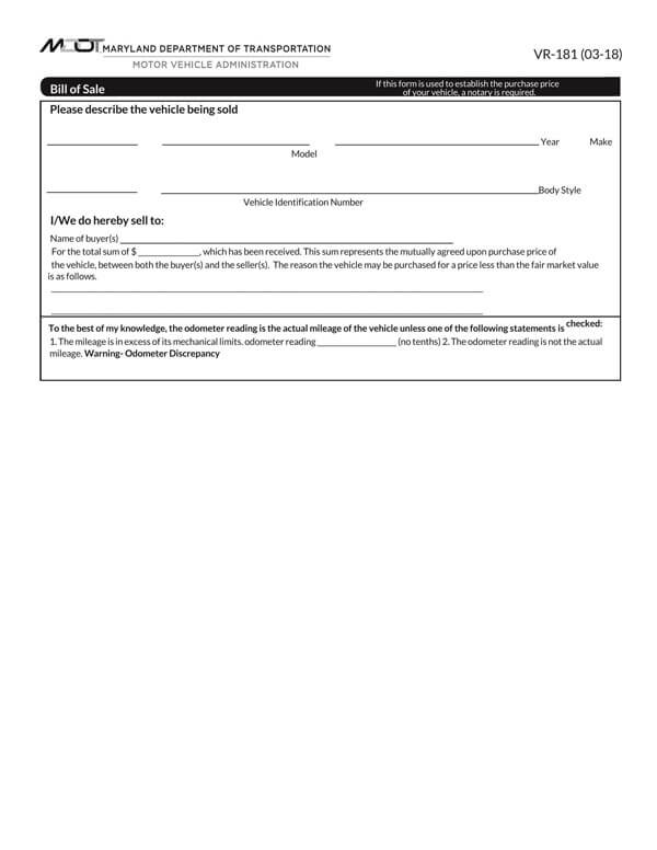 Editable Maryland DOT Vehicle Bill of Sale Form VR-181 in Word