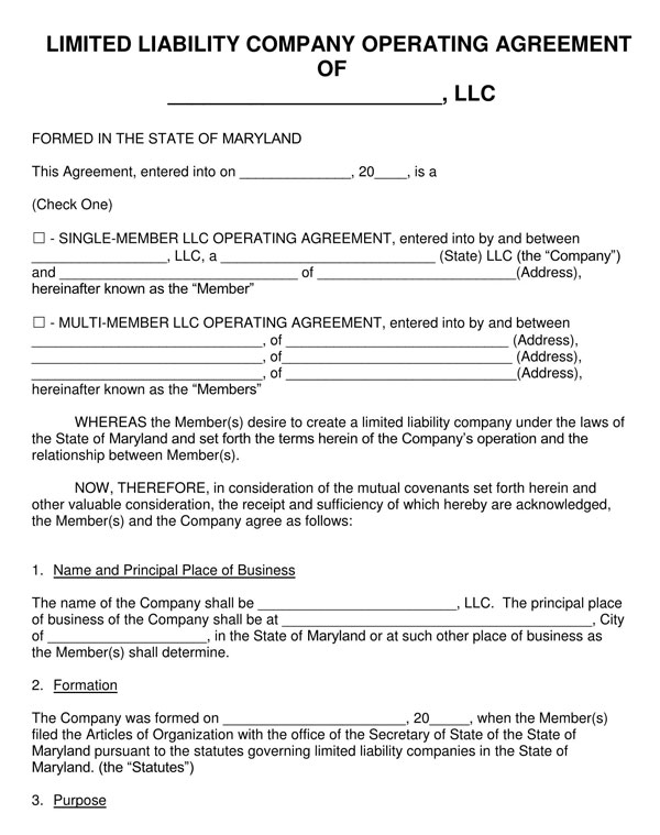 Word Document Maryland LLC Operating Agreement Template