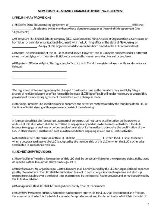 New Jersey LLC Operating Agreement Templates | PDF - Word