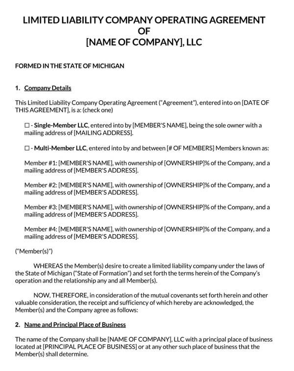 Free Michigin LLC Operating Agreement Sample PDF