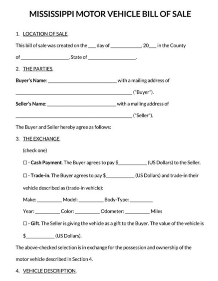 Free Mississippi Car Bill of Sale Forms | Word, PDF