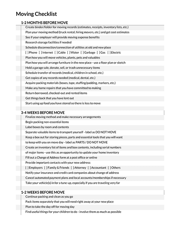 Printable Moving Checklist Template - Free Download