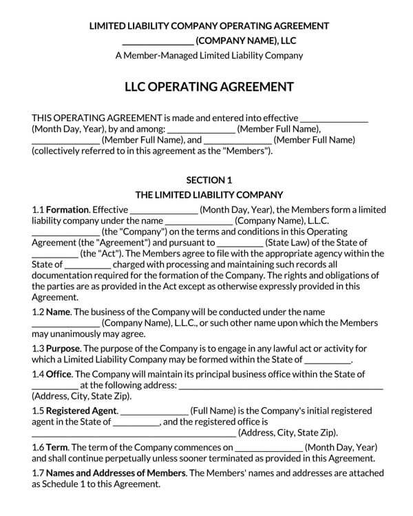 Free Printable Multi Member LLC Operating Agreement Template 03 for Word File