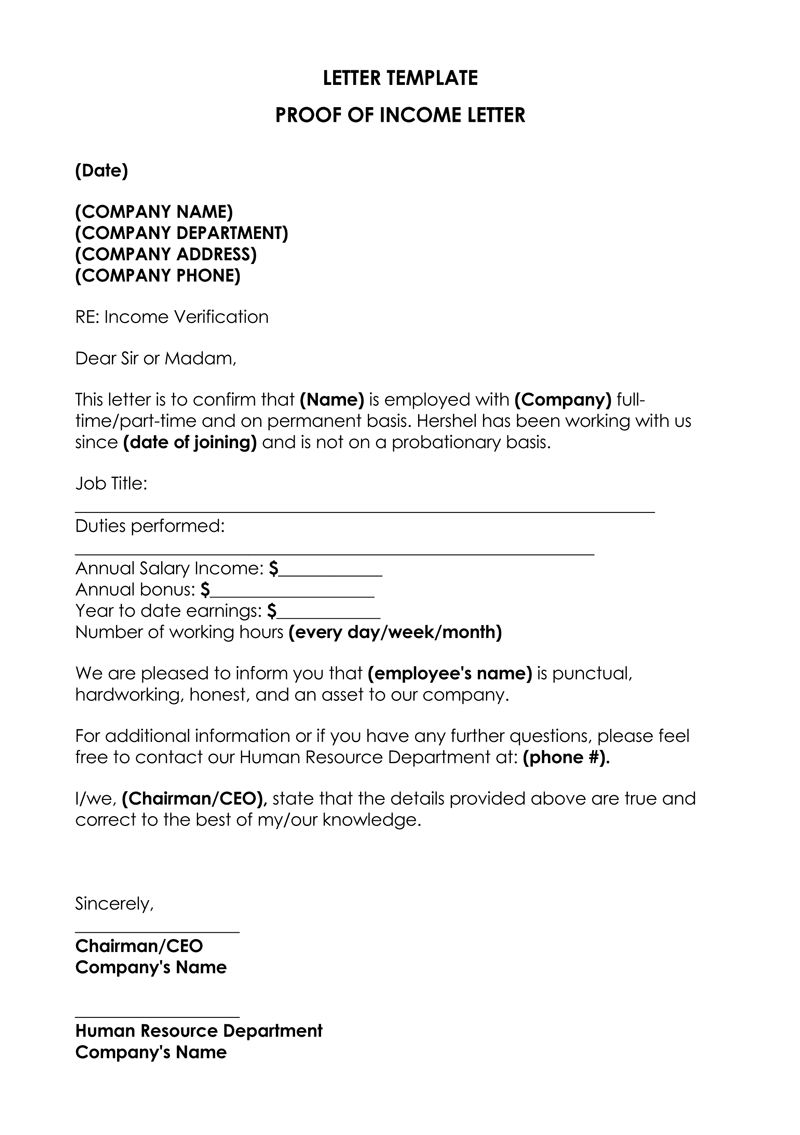 Editable Proof of Income Letter Template