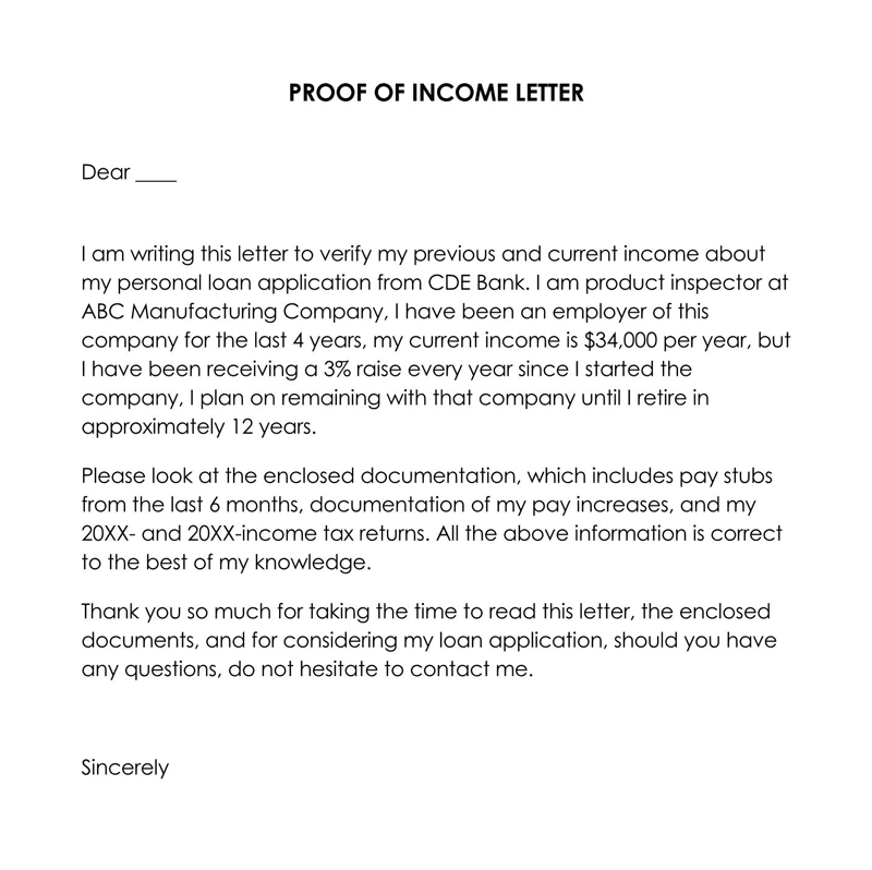 Example of Proof of Income Letter