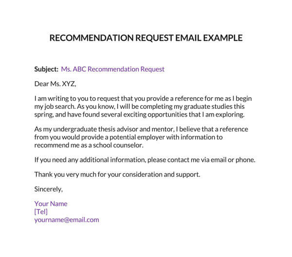Free Printable Email of Recommendation Request Template 02 for Word File