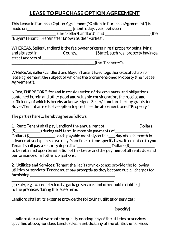 Free Printable Lease to Purchase Option Agreement Template for Word Document