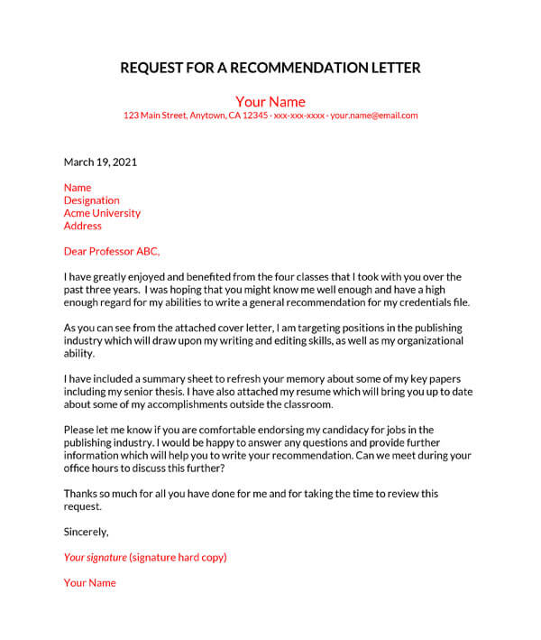 Great Editable Recommendation Letter Request for a New Position Sample for Word Format