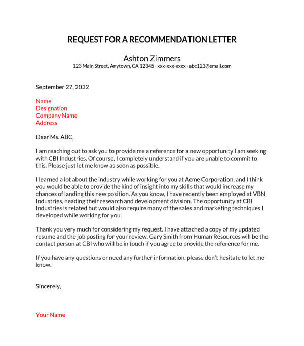 Free Printable Letter of Recommendation Request Template 03 for Word File