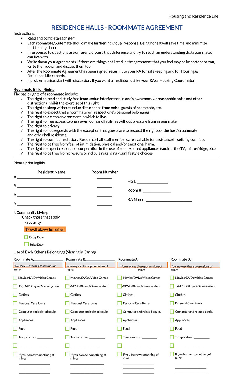 Great Printable Roommate Agreement Template 12 in Word Document