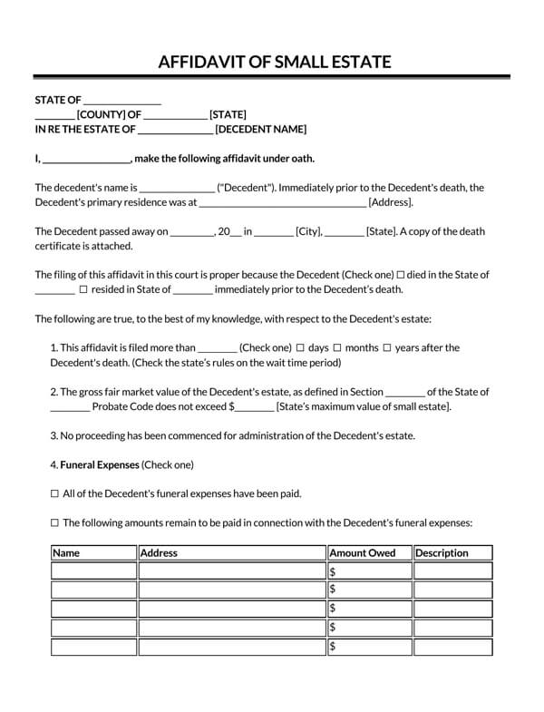 Small Estate Affidavit Form - Free Printable Sample