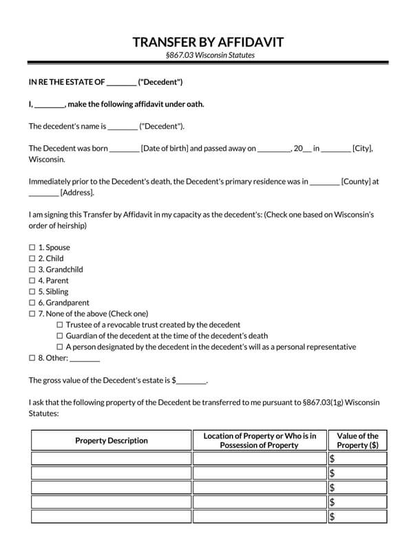 Small Estate Affidavit Wisconsin - Free Printable and Editable Template
