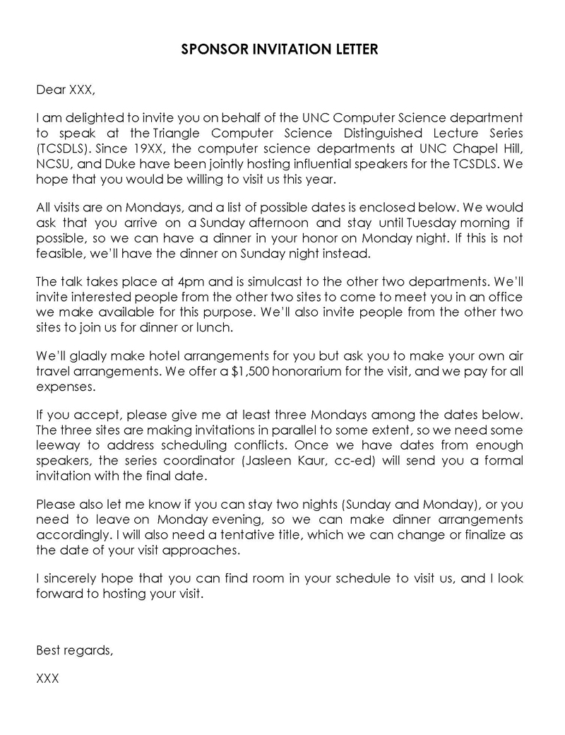 Sample of Sponsor Invitation Letter to The Embassy