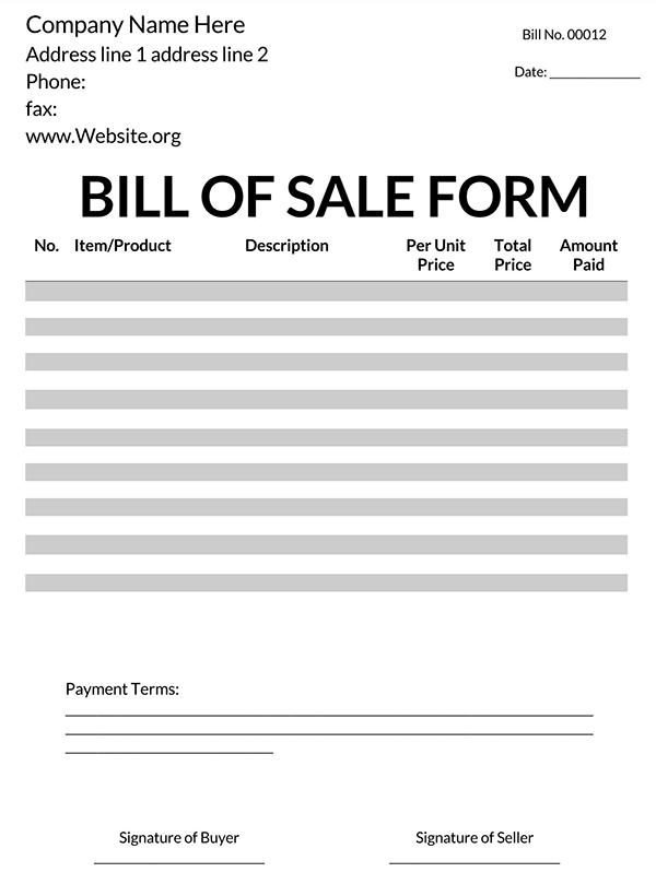 Printable Car Bill of Sale Sample