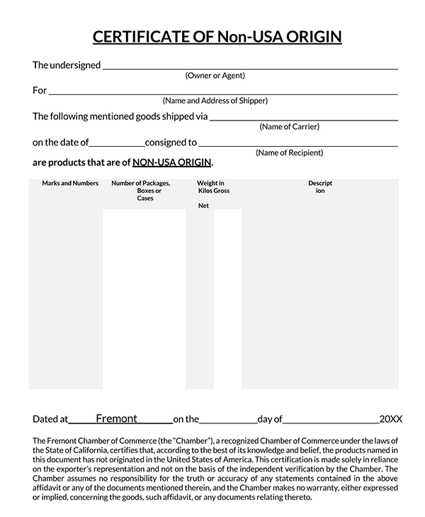 Free Printable Non-USA Certificate of Origin Template 01 for Word Document