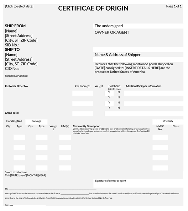 Free Printable Owner Certificate of Origin Template as Excel Sheet