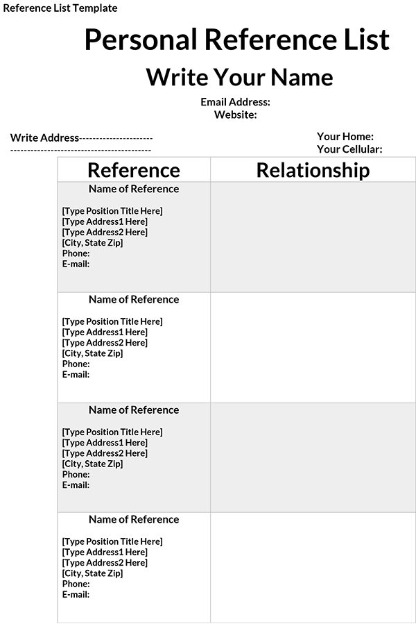 professional references template word 12