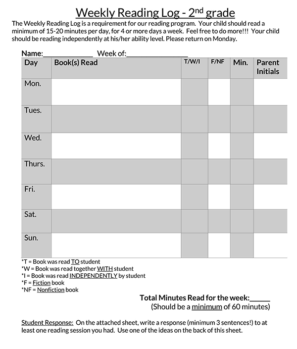 Printable Reading Log Example Template