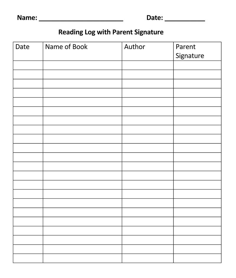 Printable Reading Log Template Sample