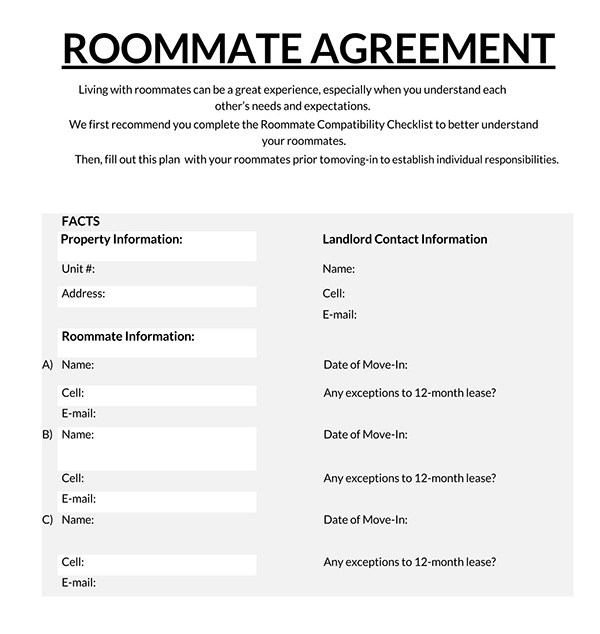 Great Printable Roommate Agreement Template 10 in Word Document