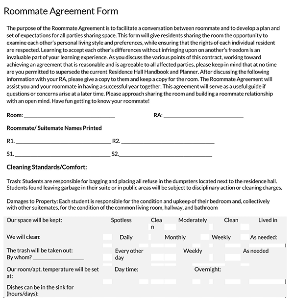 Free Roommate Agreement Editable Word Template 09