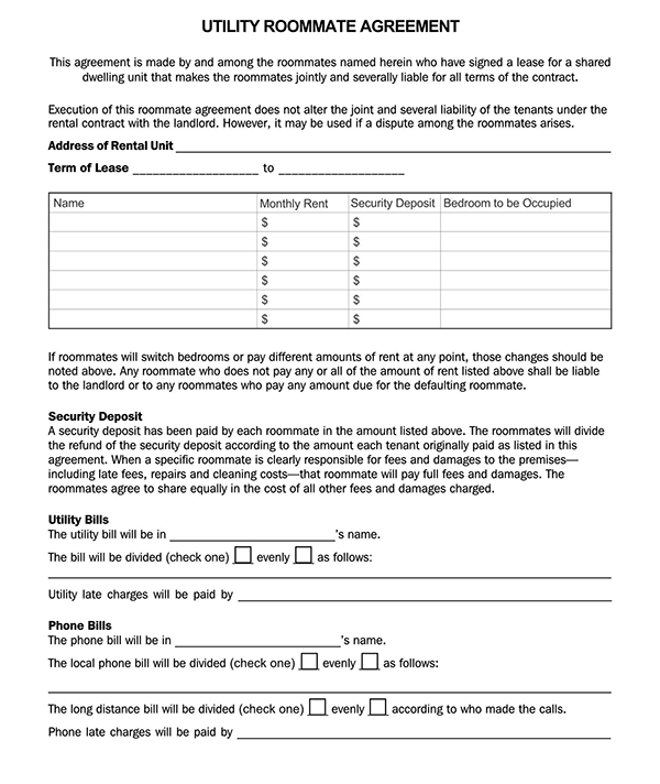 Professional Customizable Utility Roommate Agreement Template as Word Document