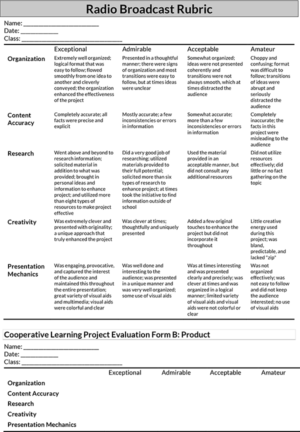 rubric template for project 14