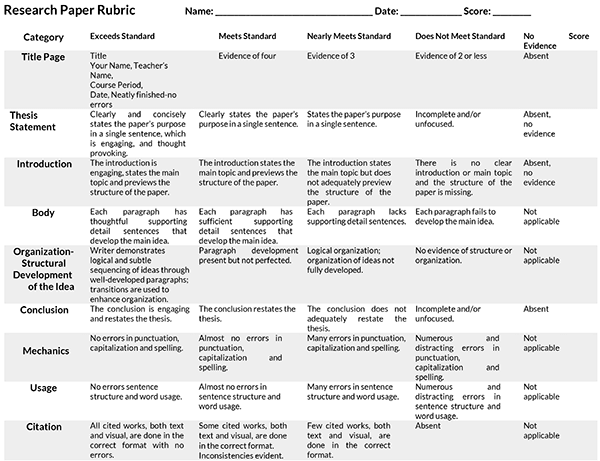 rubric template for project 42