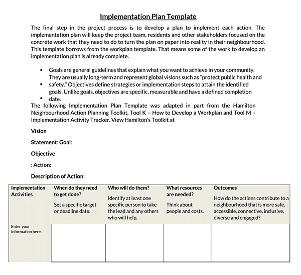 Free Downloadable General Implementation Plan Template 03 for Word Document
