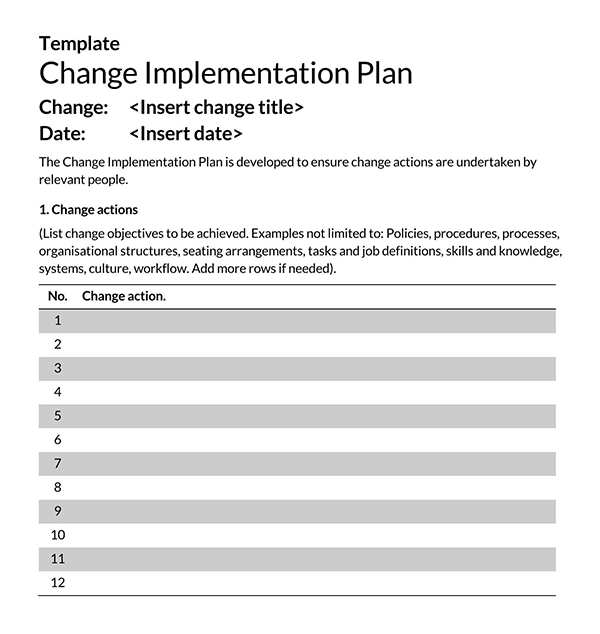 Great Professional Change Implementation Plan Template for Word File