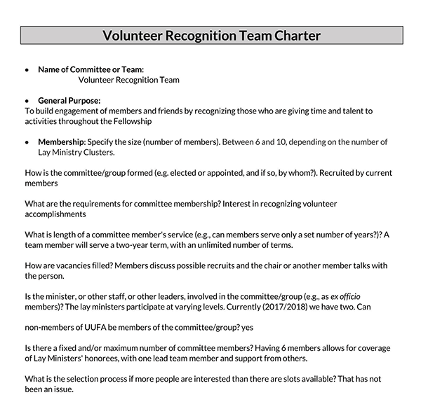 Volunteer Recognition Team Charter Template